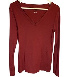 A New Day Womens Small Burgundy V-Neck Long Sleeve Modal Cotton Stretch Tee